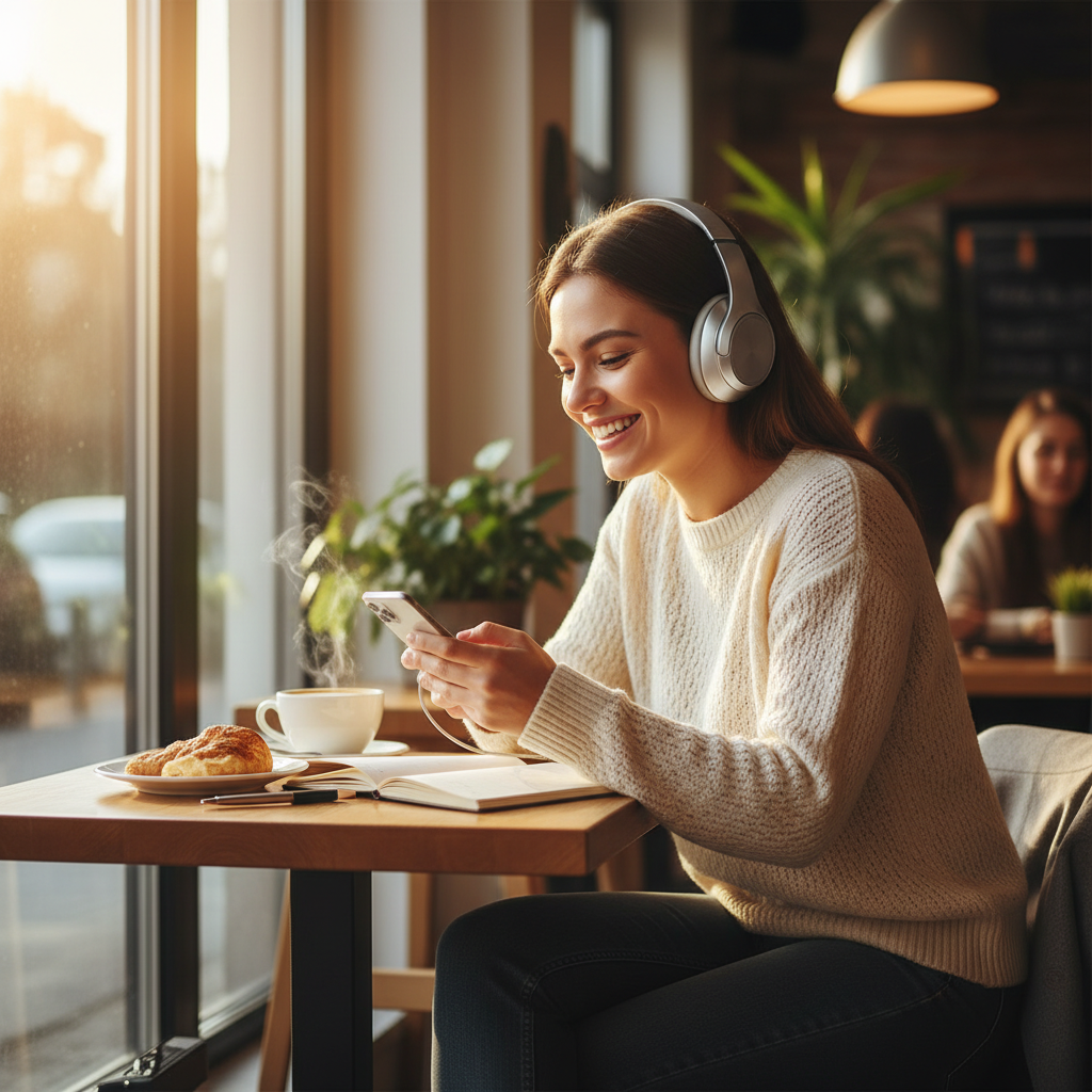 AI-generated lifestyle product photo of headphones in a cafe setting