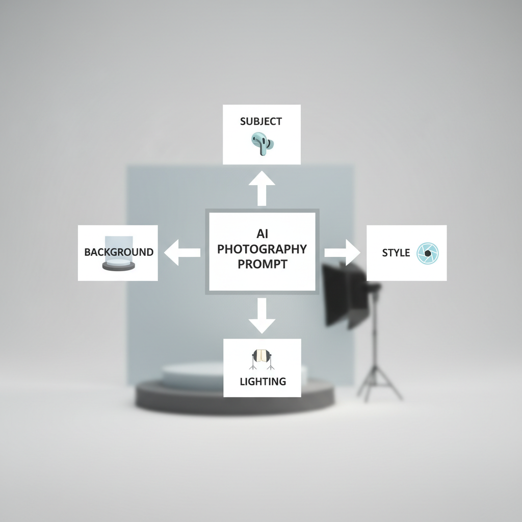 Anatomy of an AI product photography prompt showing key components.