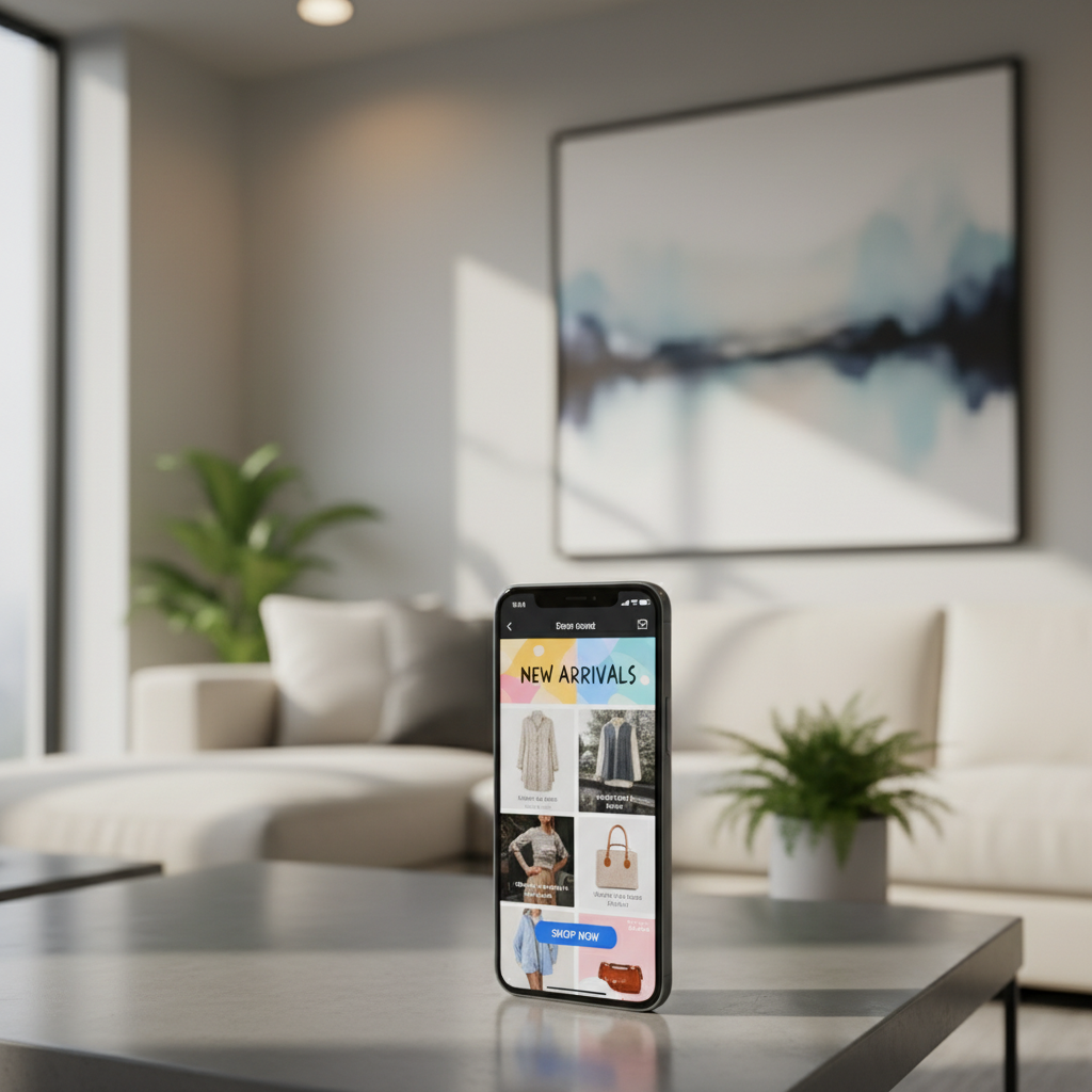 AI-generated smartphone product photo in a lifestyle setting