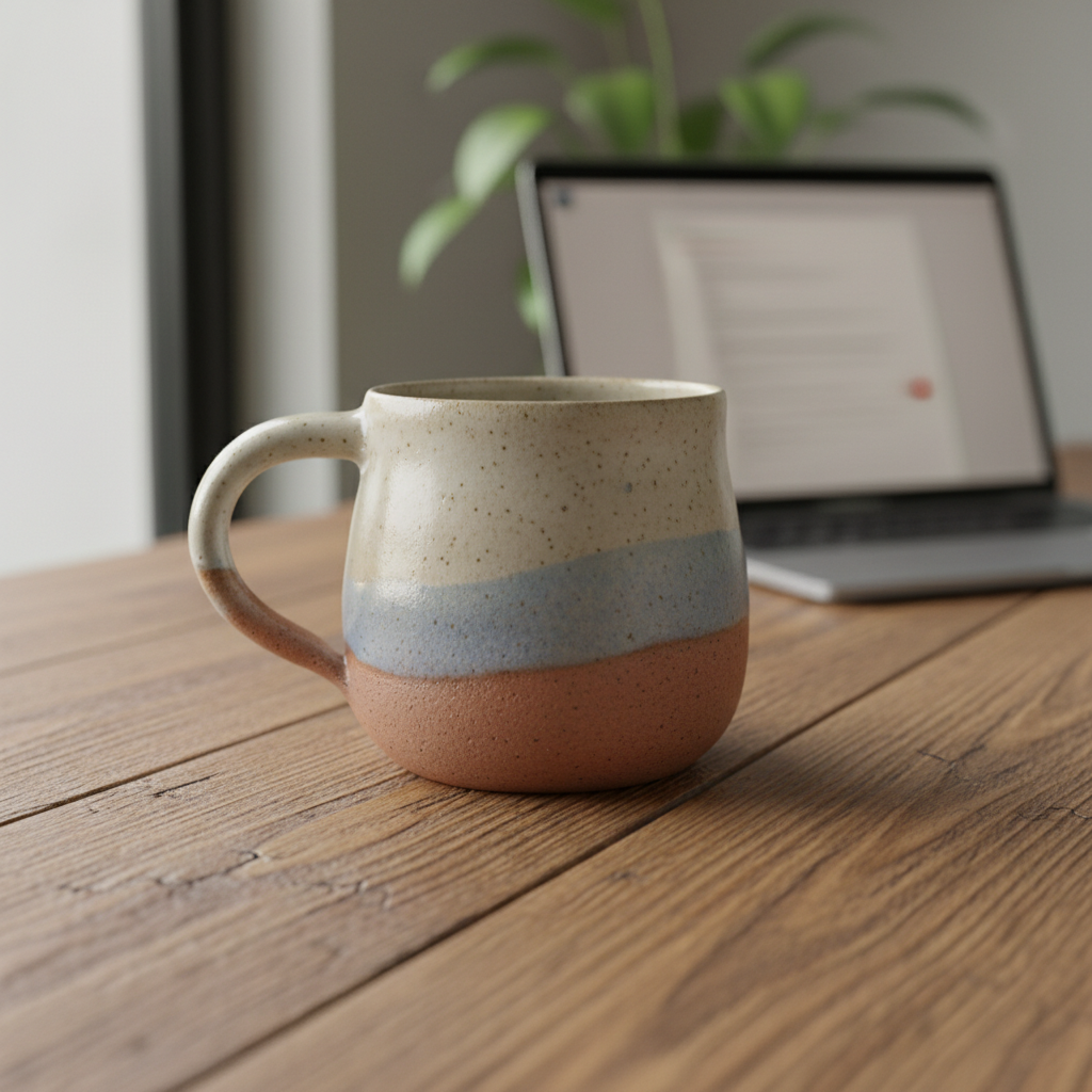 AI-generated rustic product photo of a handmade ceramic mug