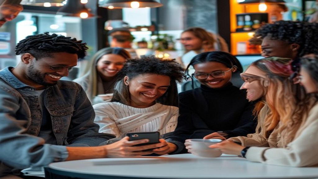 AI-generated diverse models showcasing a smartphone in a cafe