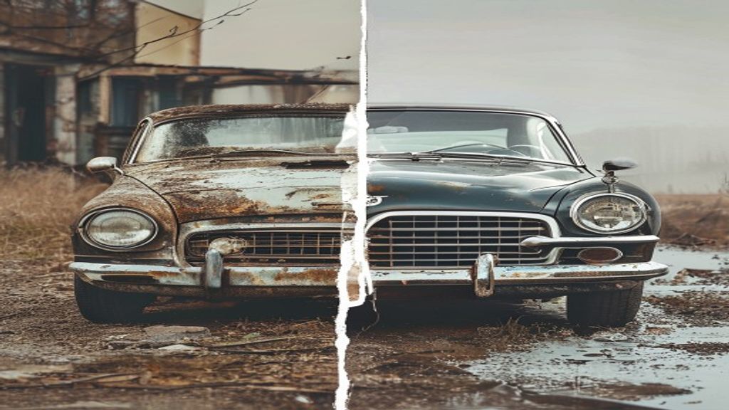 AI-powered product transformation content showing a car restoration