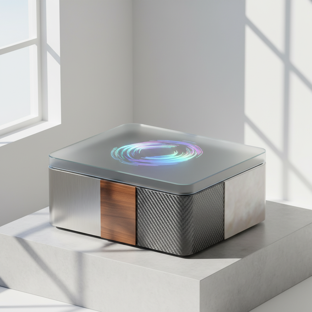 AI-generated 3D product packaging mockup with various textures