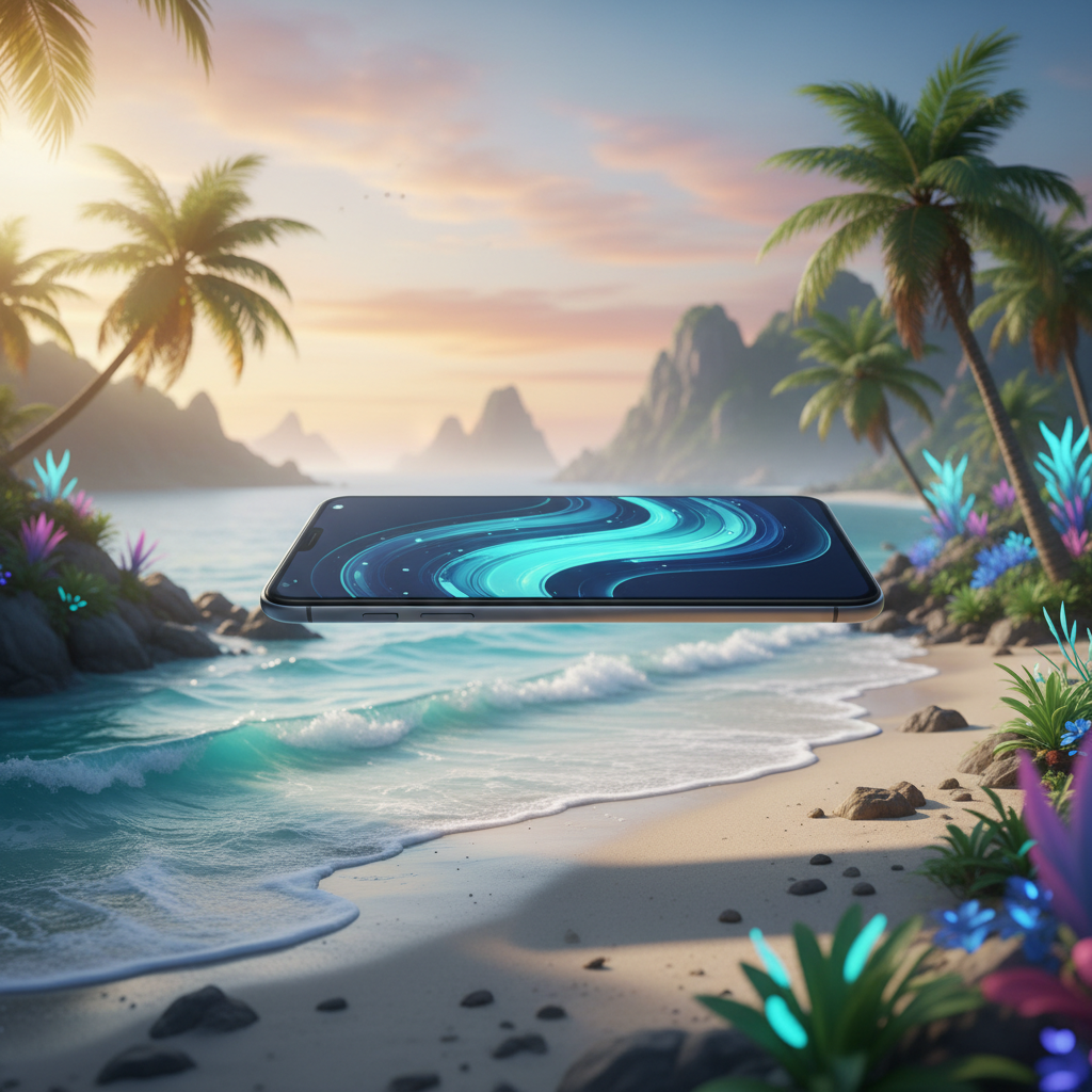 AI-generated product photo of a smartphone in a virtual beach environment