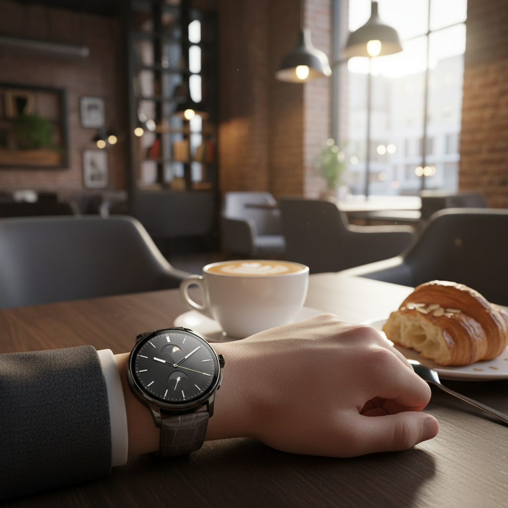 AI-generated image of a smart watch in an aspirational cafe setting