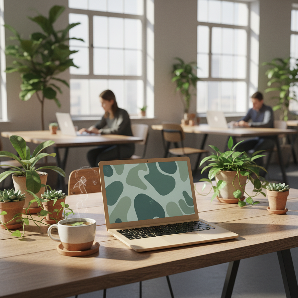 AI-generated image of a laptop in an aspirational co-working environment