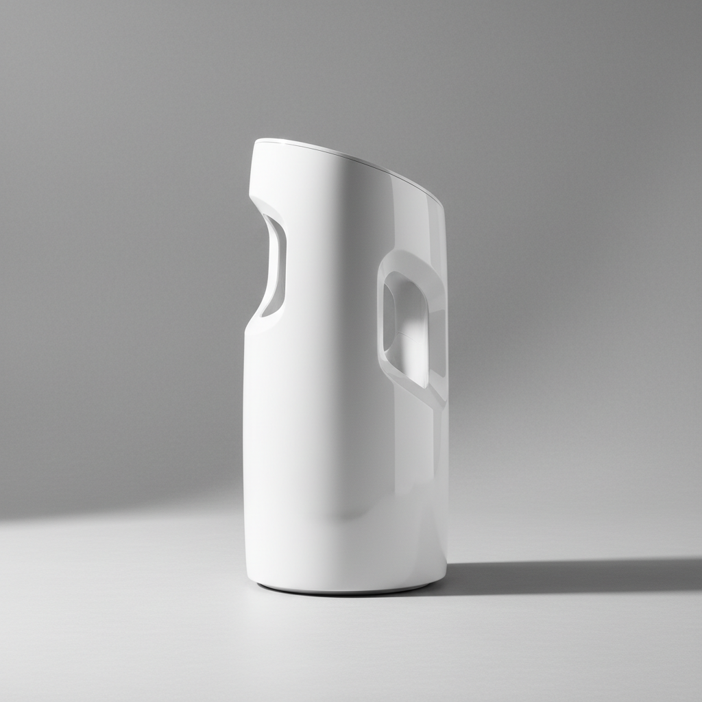 AI-generated minimalist product photography showing a white bottle on a simple grey backdrop