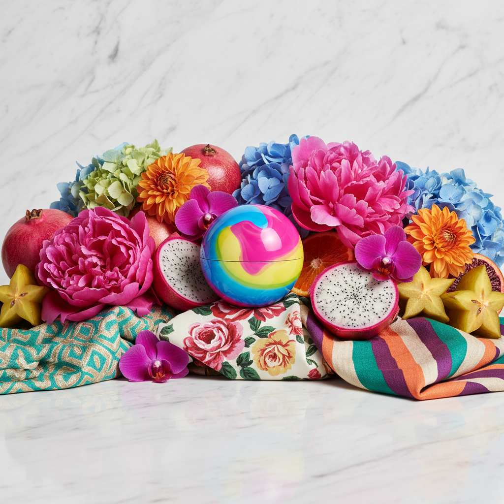AI-generated maximalist product photography with cosmetics, flowers, and intricate patterns