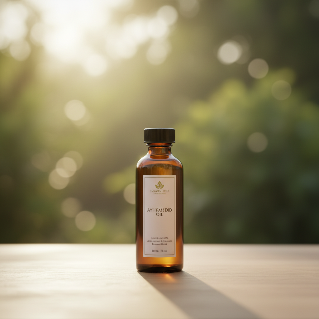AI-generated serene background for an Ayurvedic oil bottle