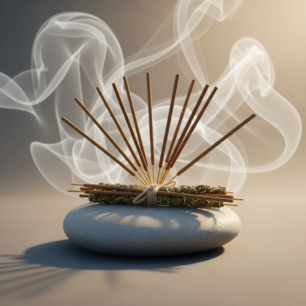 AI-generated serene setting for spiritual incense sticks