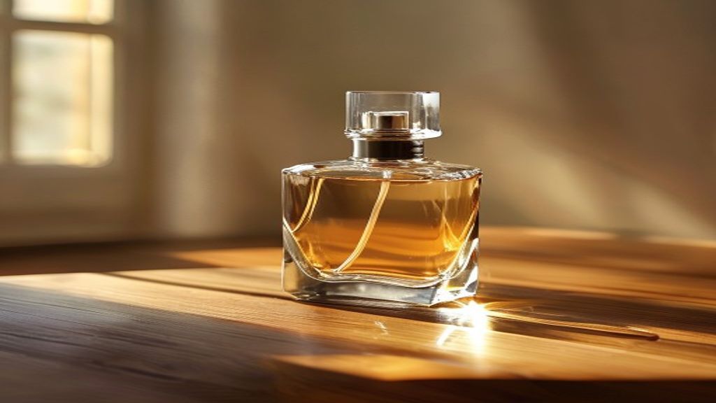 Perfume bottle with natural window lighting and soft shadow